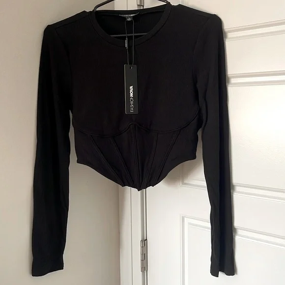 Fashion Nova Black Corset Crop Top Blouse Long Sleeve Size L - Picture 2 of 7